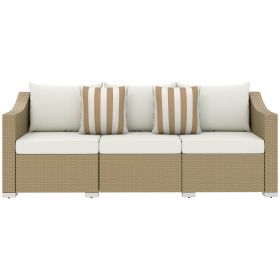 Rattan Wicker 3 Seater Patio Couch with Cushions, 2 Throw Pillows, Outdoor Furniture Rattan Sofa, Cream White