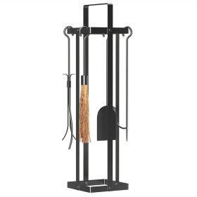 5 Piece Metal Fireplace Tools Set with Brush Broom, Poker, Shovel, Tongs, and Stand for Indoor or Outdoor, Black
