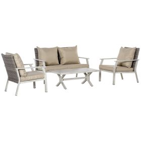 Patio Conversational Bliss: 4-Piece Wicker Loveseat Set with Coffee Table, Beige | Intimate Outdoor Lounge.