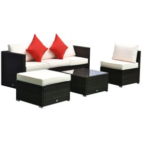 6-Piece White Rattan Couch Set, Outdoor Patio Wicker Furniture with Removable Cushions & Glass Coffee Table