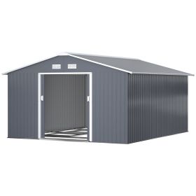 12.6' x 11' Metal Storage Shed, Garden Tool House with Double Sliding Doors, 4 Air Vents for Backyard, Patio & Lawn, Dark Gray