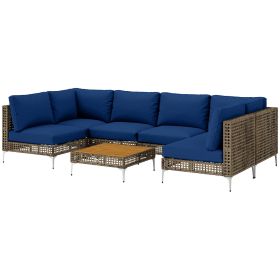 7 Piece Wicker Patio Furniture Set, Modular Outdoor Sectional with Thickened Cushions, Acacia Wood Table, Brown/Blue
