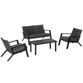 4-Piece Patio Sofa Set Outdoor Wicker Patio Conversation Sets with Removable Cushion and Coffee Table for Balcony, Backyard Black and Grey
