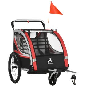 3-in-1 Bike Trailer for Kids Red Running Stroller Jogging Cart with 2 Seats 5-Point Harness Storage for Active Families Outdoor Fun