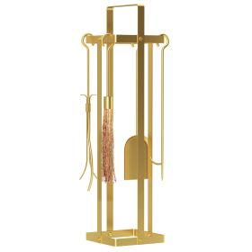 5 Piece Fireplace Tool Set, 32" Modern Metal Fireplace Accessories Set w/ Brush Broom, Poker, Shovel, Tongs, and Stand, Gold