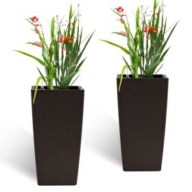 Pack of 2 Brown Color Square Planter 22-Inch High Faux Rattan Design Flower Pot with Automatic Watering System for Porch Patio Backyard Makes Kee