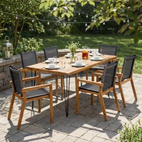 7 Pieces Acacia Wood Outdoor Dining Set s,Modern 6 Chairs 1 Large Table, Dining Furniture Set for Lawn, Backyard, Garden Deck,Poolside,Teak