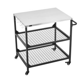 Outdoor Grill Cart, 31.5 x 24.0 inch Stainless Steel Tabletop Size Grilling Table, Outdoor Cooking Table with 4 Wheels & Side Handle, Two Mesh Sh