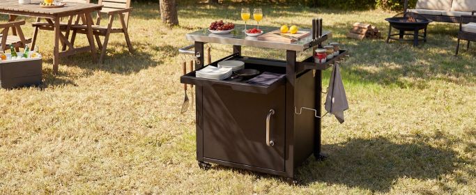 K&K 39.5" Outdoor Grill Cart with Storage Cabinet, Outdoor Bar Cart Pizza Oven Table with Wheels, Stainless Steel Top