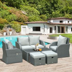 6-PCs Patio Furniture Sets Outdoor Wicker Sofa Set Rattan Angle Adjustable Recline Single Chair Conversation Set, Ottomans