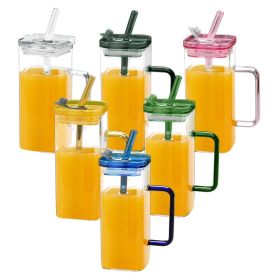 6 Pcs Glass Straw Cup, 6 Colors Square Glass Cup With Straw And Lid, High Borosilicate Glass Cup, Milk Cup, Juice Cup, Cold Drink Cup, Coffee Cup (Option: 6Pcs)