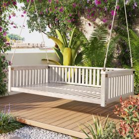 Patio Minimalist Twin Size Garden Swing Bed Wood Porch Swing with Ropes for Backyard, Safe Sloped Design (Color: White, Material: Acacia Wood)